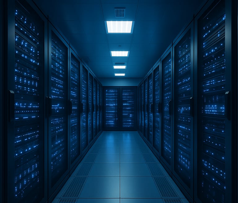 a long hallway with rows of servers and rows of servers for IFRS 9