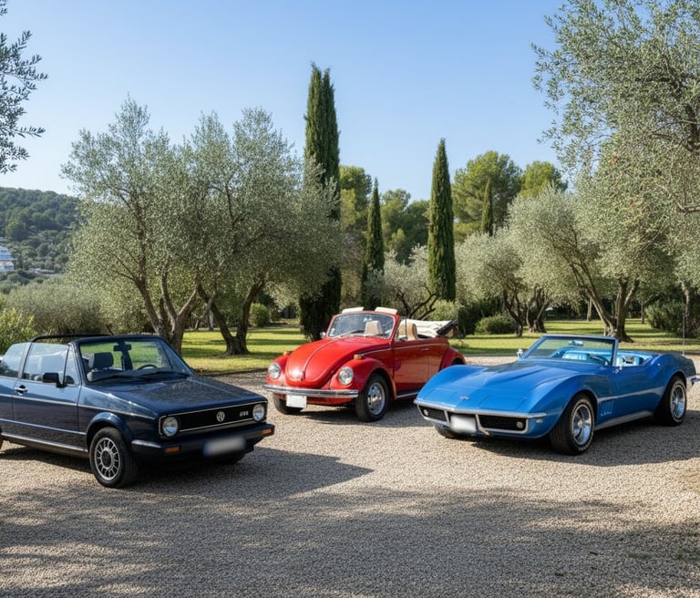 Chevrolet Corvette C3, Volkswagen Beetle y Golf MK1, coches clásicos descapotables perfectos para bodas.
