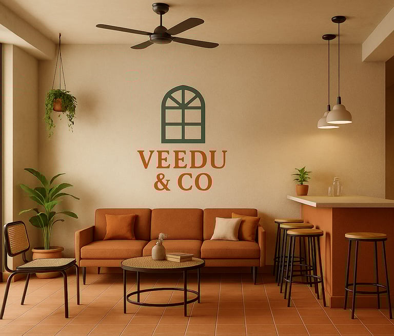 hostel living room with a couch and a ceiling fan