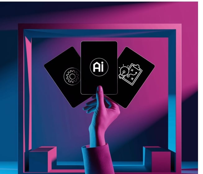 une main tenant des cartes de services, IA partenaire