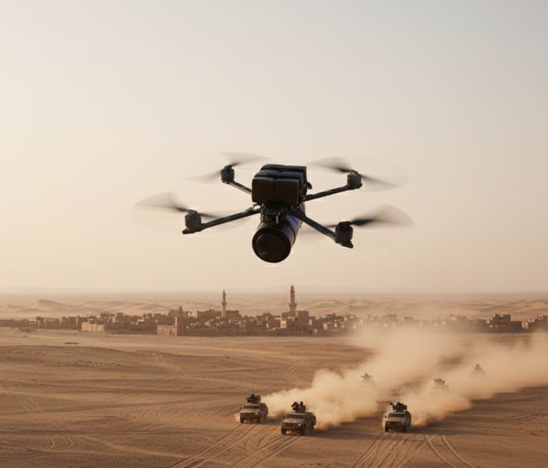 a drone flying over a desert with AI camera