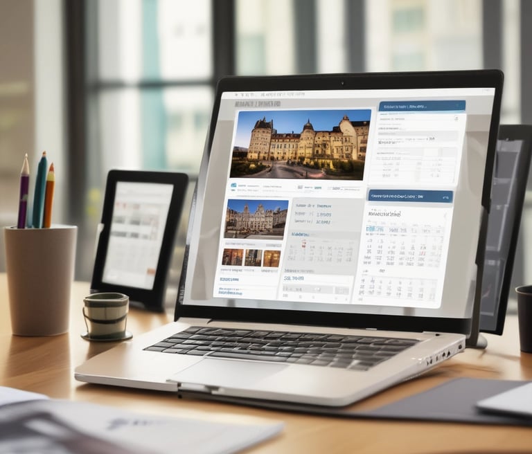 A hotel manager smiling while using a laptop in a bright, modern lobby, with a clear calendar interface displayed on screen.