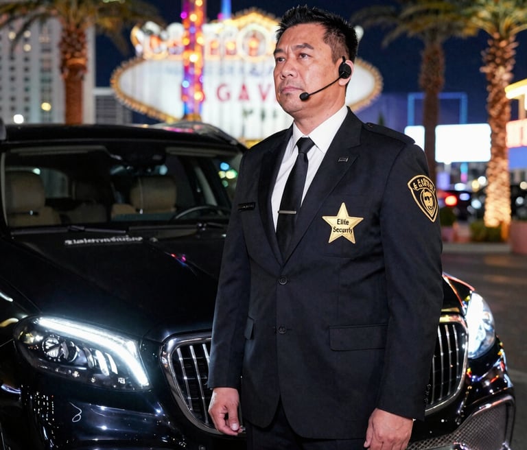 A sharp, dark-themed photo of Fortiva security personnel standing confidently in front of a sleek black SUV at night.