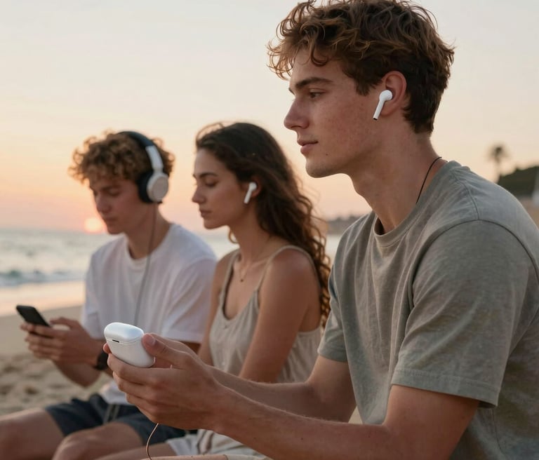 A sleek modern speaker surrounded by musical notes floating gently in the air.
