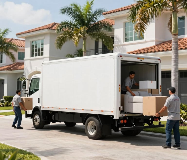 Professional movers carefully loading a moving truck in Delray Beach under clear skies.