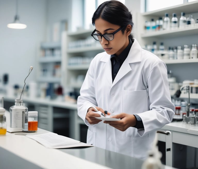 Two consultants discussing laboratory documents in a bright office setting.