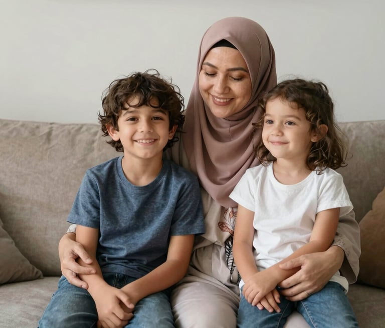 A warm, candid photo of a mother and her children smiling together at home, bathed in soft natural light with navy blue and deep red accents subtly present in the background.