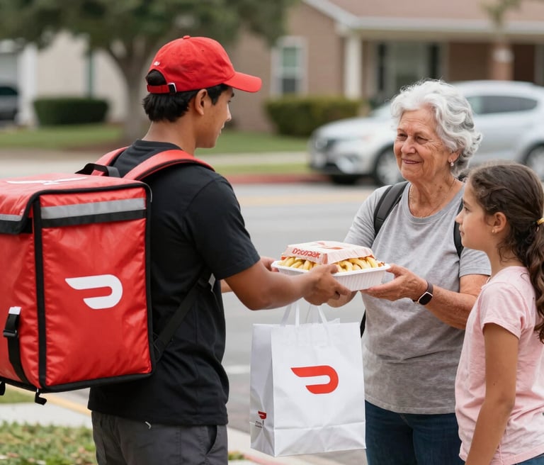 A cheerful Uber driver handing food delivery to a smiling customer in a busy neighborhood.