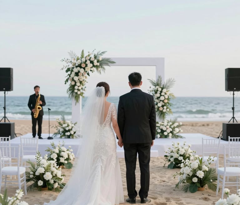 A lively wedding band performing on a beach at sunset in Cancun with guests dancing joyfully.