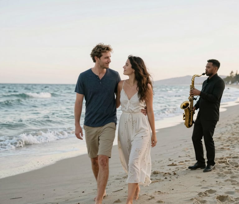 A lively wedding band performing on a beach at sunset with guests dancing joyfully in Cancun.