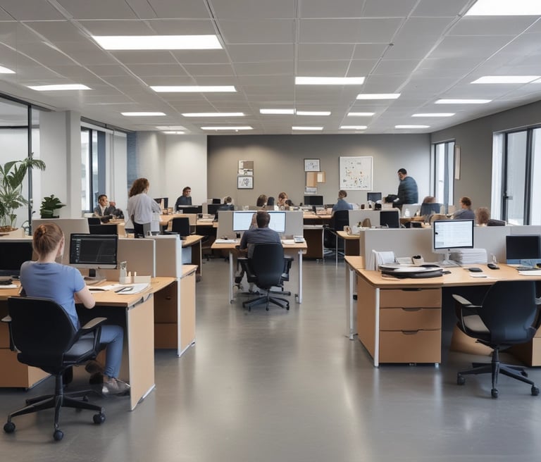 Professional team of accountants collaborating in a modern office with blue and gray tones.