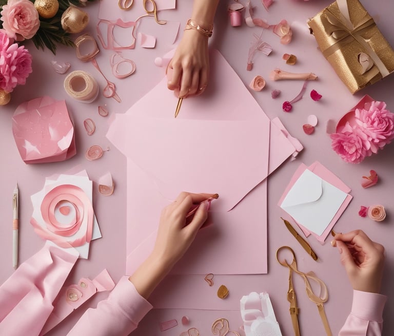 Creative workspace with colorful stationery and design tools in blue, pink, and gold tones.