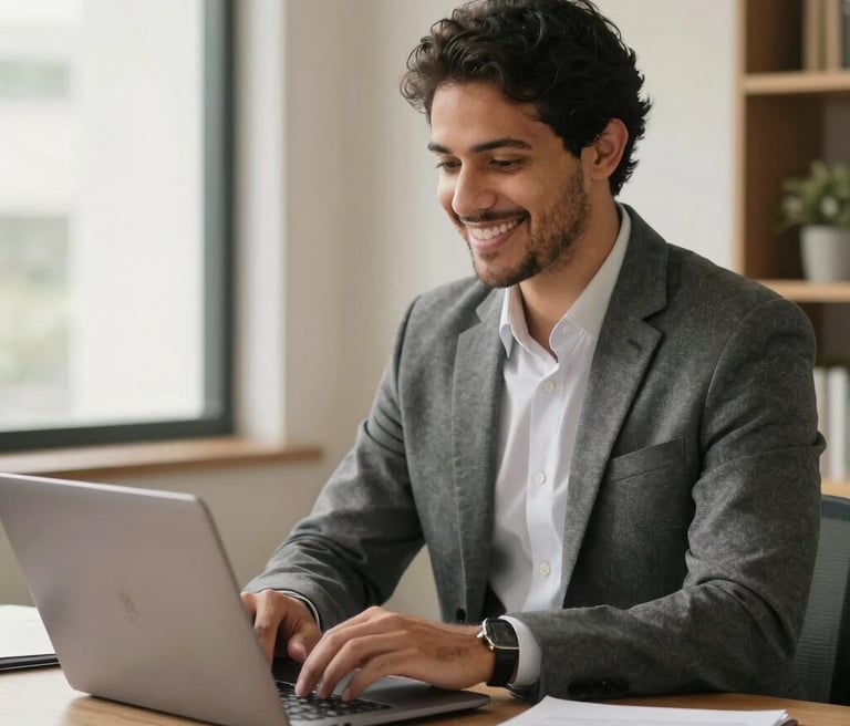 A friendly entrepreneur using a laptop with sales tools on the screen in a cozy home office.