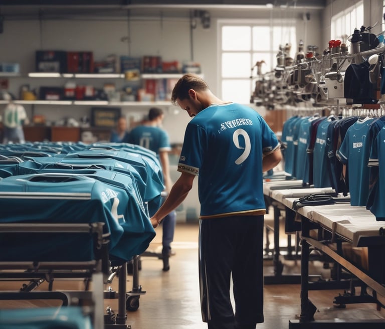 A vibrant display of customizable football jerseys hanging in a bright, modern online store setting.