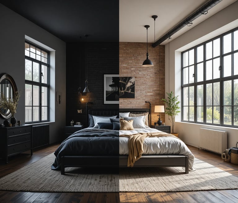 Comparativa de dormitorio industrial moderno mostrando exceso de negro e iluminación fría frente a v