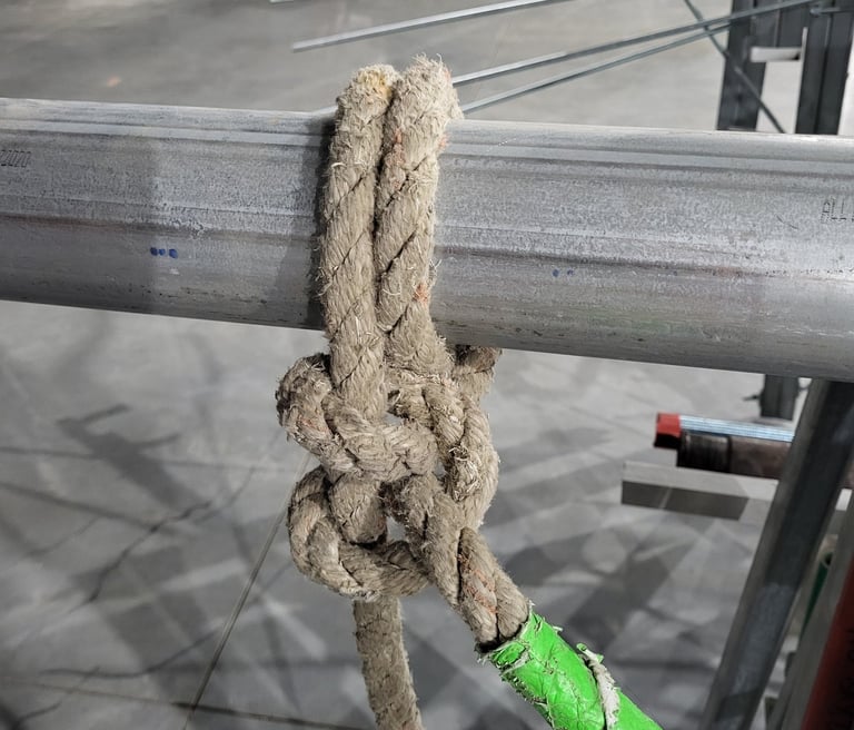 Round turn and half hitches anchor knot tied to 3" EMT conduit.