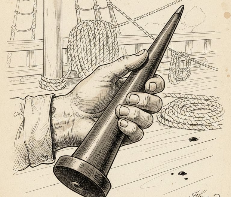 A drawing of a sailor holding a Marlinspike.