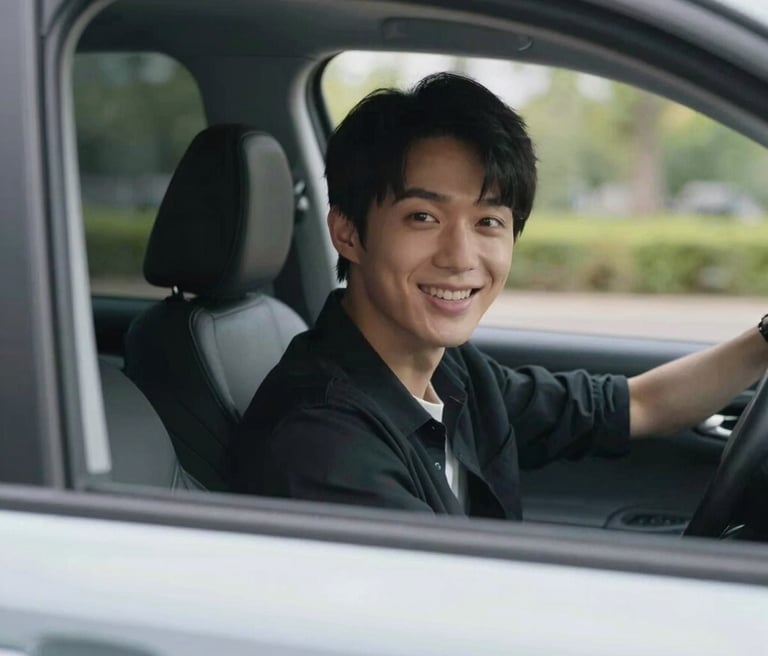 A friendly instructor guiding a new driver through city traffic with clear road signs visible.