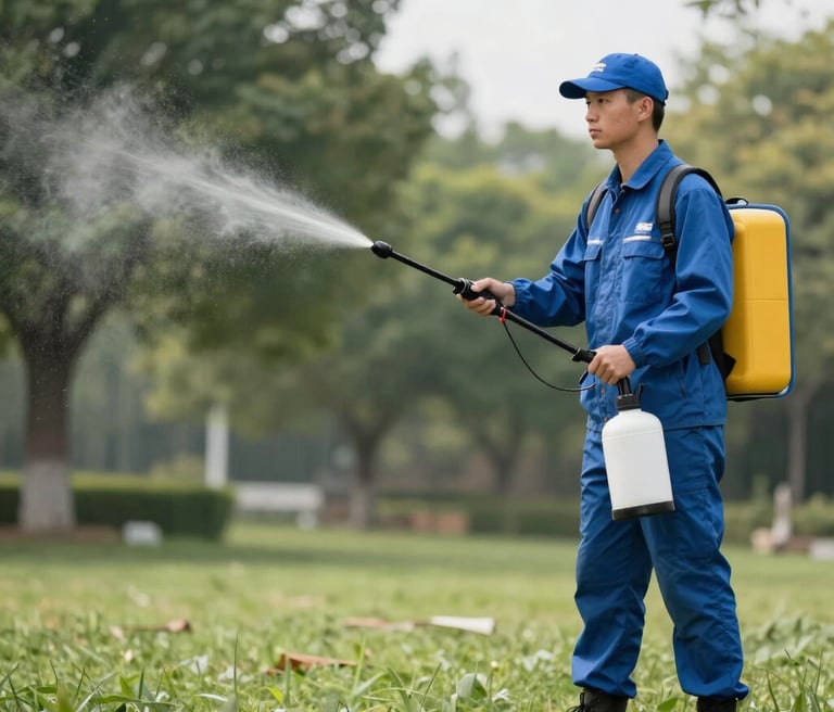 Professional pest control team wearing protective gear inspecting a modern office environment.