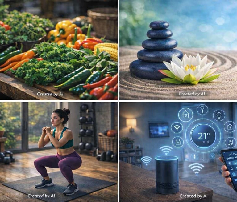 Four-panel collage: fresh vegetables, Zen stones with lotus, home workout squat, and smart home speaker with phone interface
