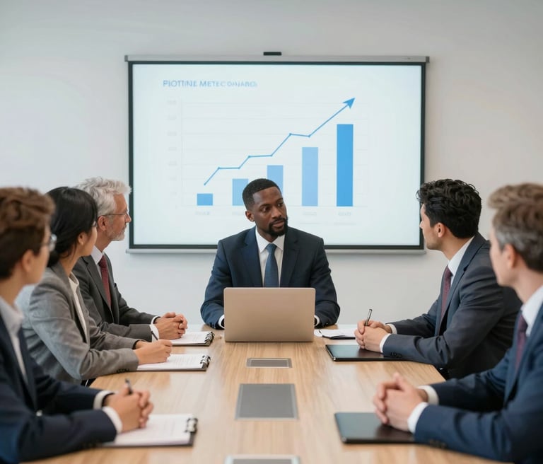 A sleek office setting with professionals discussing financial charts and innovative projects, bathed in blue and silver tones.