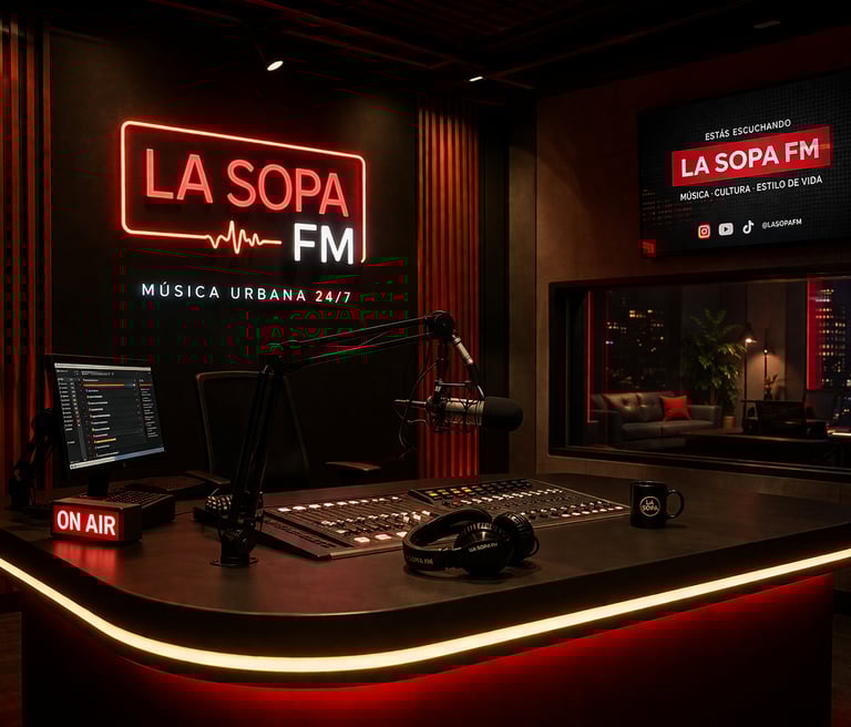 Modern radio studio setup for La Sopa FM with microphone, mixing console and neon lighting