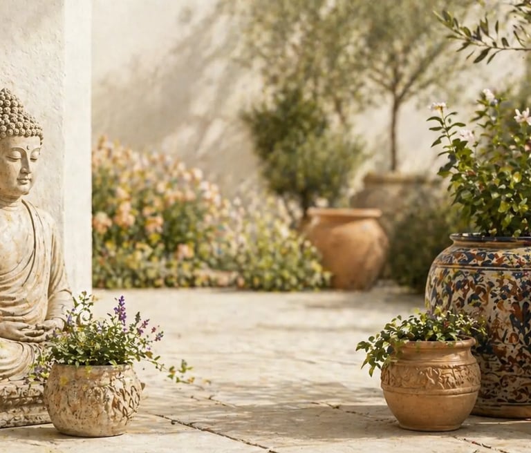 Serene garden patio with a stone Buddha statue, terracotta planters, and Mediterranean olive trees.