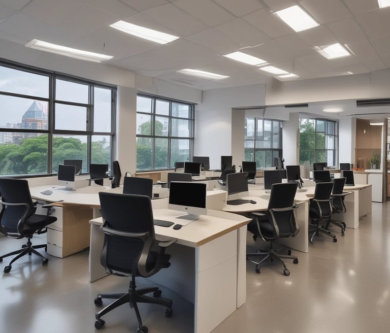 A team of designers and developers collaborating over laptops in a bright, modern office.