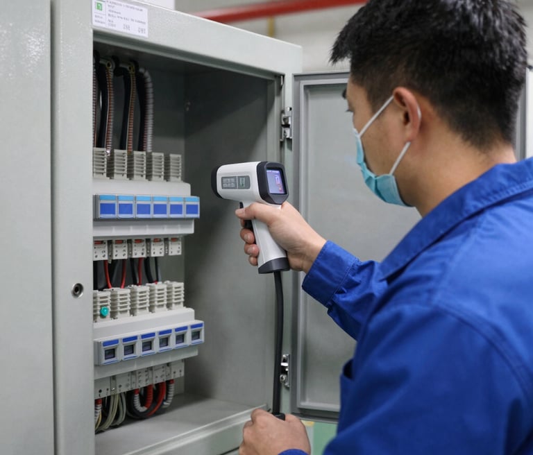 Technician using an infrared camera to scan electrical panels in an industrial setting.