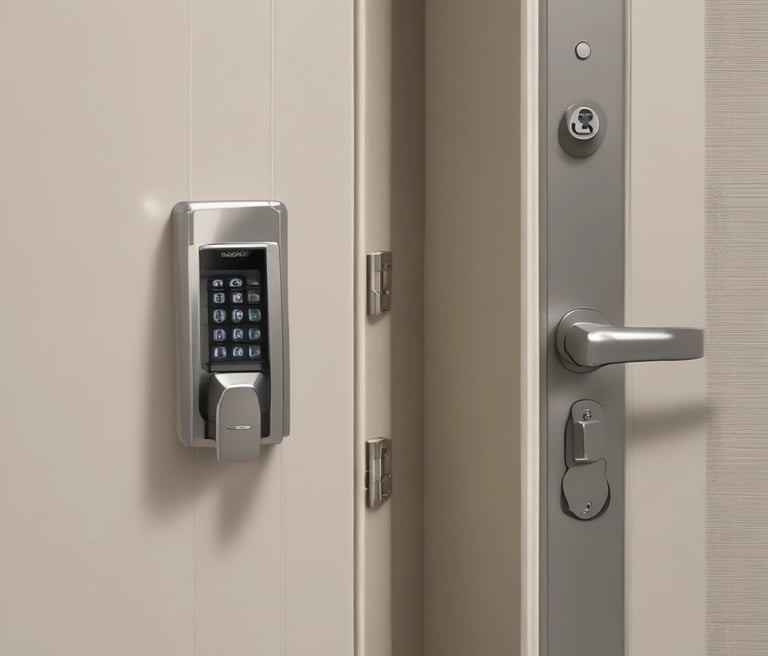 A sleek modern electronic lock installed on a stylish front door, symbolizing home security.