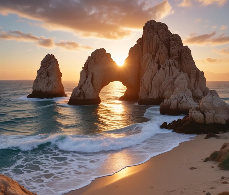 A vibrant sunset over the iconic Cabo San Lucas arch with tourists enjoying a boat tour.