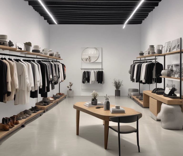 Cozy boutique corner with warm lighting, wooden shelves displaying artisan goods, and a glimpse of plants and natural textures.