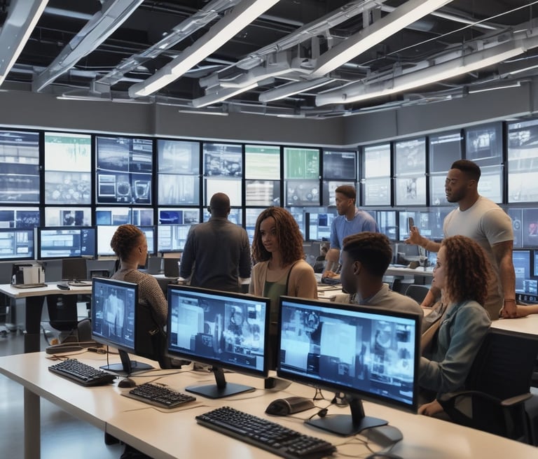 A diverse team collaborating over high-tech equipment in a modern workspace filled with screens displaying various technology systems.