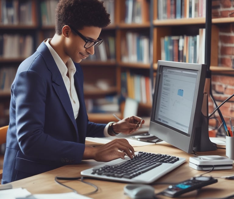 A friendly coach explaining cloud system concepts with a laptop and notes.