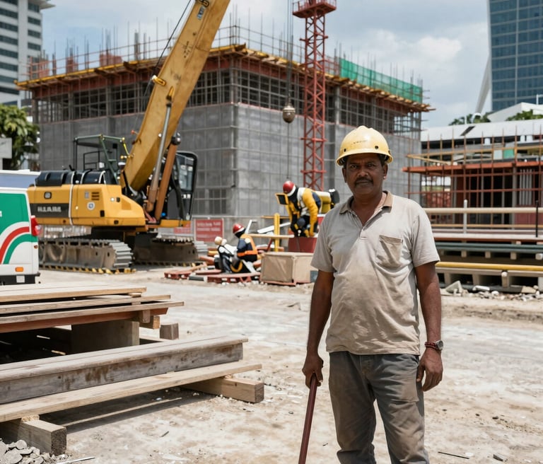 A team of construction workers collaborating on a building site with tools and blueprints.