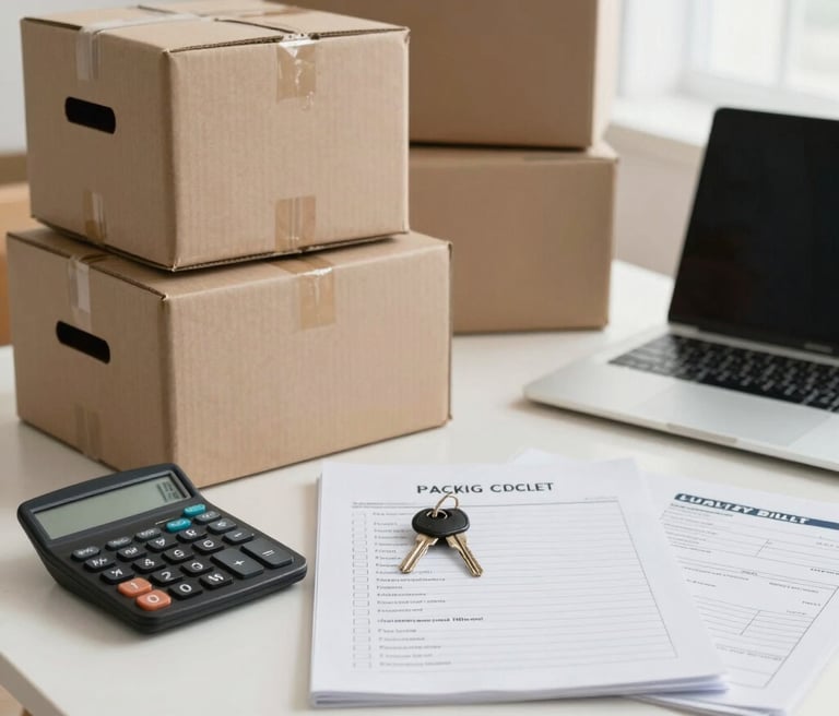 Move-in budgeting checklist with moving boxes, calculator, and apartment expense planning tools