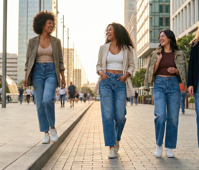 women walking in denim jeans