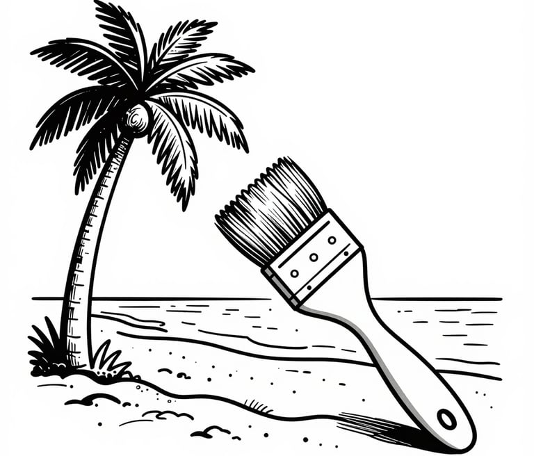 Black and white line art of a paintbrush over a tropical beach with a palm tree.