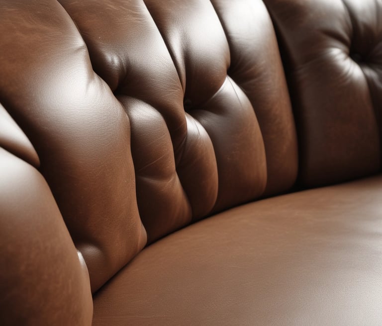 Close-up of a rich, hand-stitched leather sofa corner showcasing fine craftsmanship and texture.