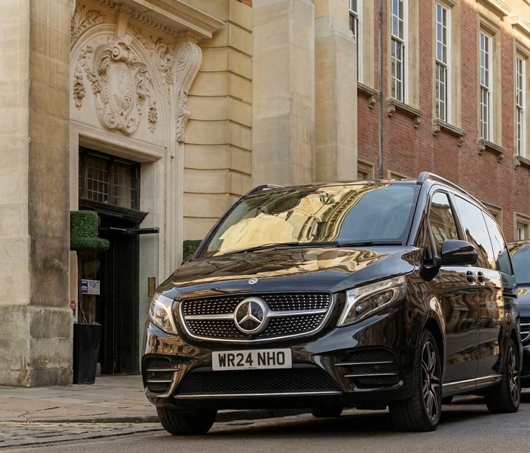 Black Mercedes-Benz V-Class chauffeur cars parked outside a historic stone building in York.
