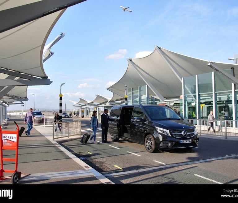 Black Mercedes GLS 450 SUV - chauffeur picking up a passenger at an airport terminal entrance.