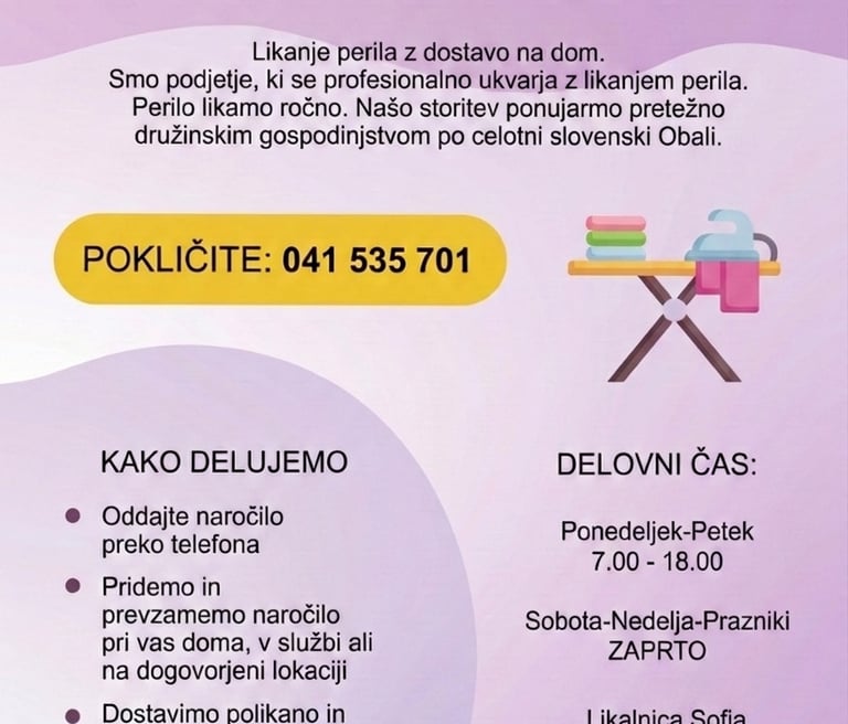 Likanje perila slovenska obala (Koper, Izola, Piran, Lucija, Portorož).