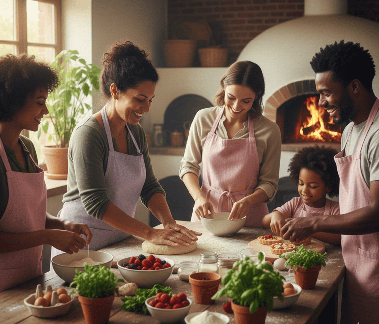 Hermosa familia preparando postres con amor
