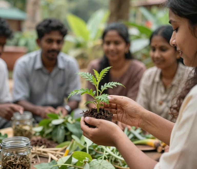 A warm, inviting gathering of people sharing herbal teas and stories in a cozy, sunlit community space surrounded by plants.