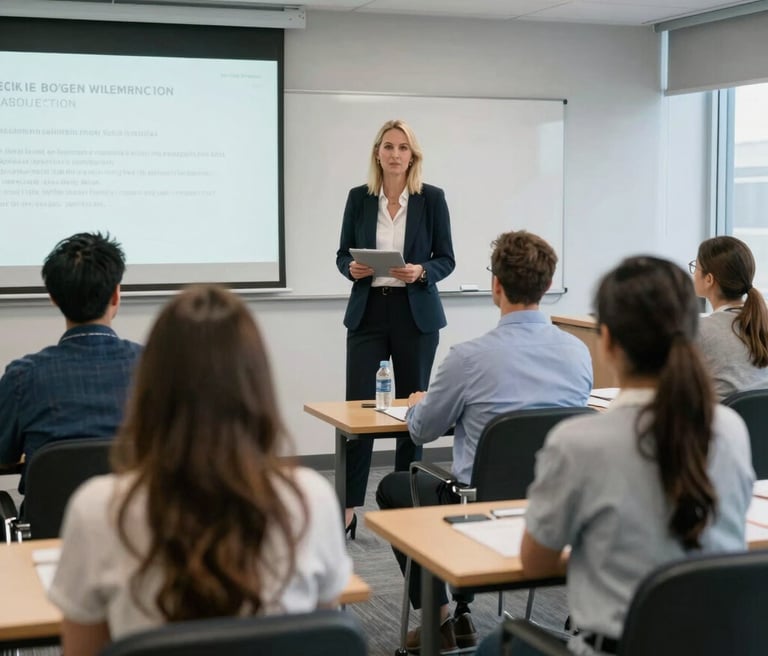 A trainer guiding a small group of employees through a hands-on hygiene workshop in a bright, modern conference room.
