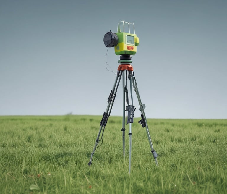 Surveyor using GPS equipment in a green field with clear blue sky.