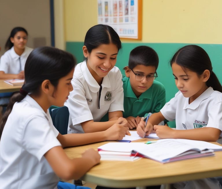 A group of educators and students collaborating in a bright classroom at Guadalupe Victoria Primary School.