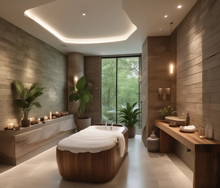 A warm, inviting treatment room with soft lighting and elegant beauty products neatly arranged.