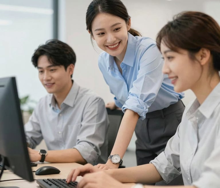 A vibrant workspace with people collaborating over IPTV reseller strategies on laptops and tablets.