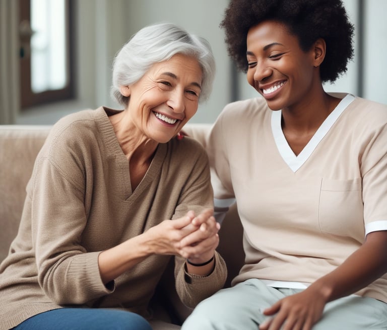 A warm caregiver gently holding an elderly client's hand in a cozy living room setting.